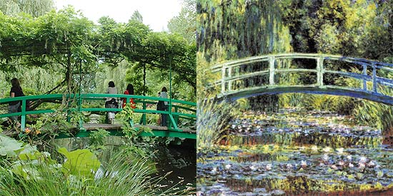 Ponte no jardim Japons plantado por Claude Monet em sua casa em Giverny e leo em que Monet a retrata 