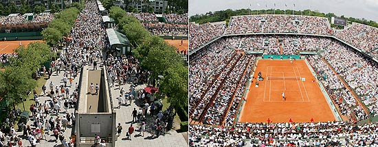 Visitantes passeiam pelas vias do complexo de Roland-Garros, em Paris; à direita, quadra com jogo