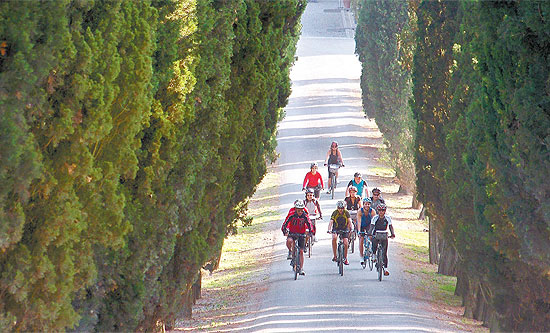 Grupo de ciclistas pedala em estradinha da Toscana, na Itália, um dos destinos de cicloturismo