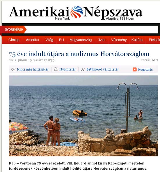 Site do jornal Amerikai Népszava, com texto sobre ilha de Rab, na Croácia
