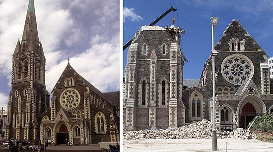 Fotos mostram a catedral de Christchurch antes e depois do terremoto de fevereiro de 2011