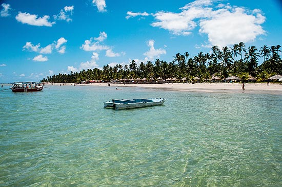 Vista da praia de Carneiros, que tem coqueiros em toda a sua extensão