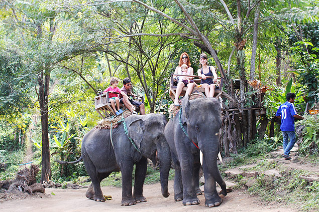 Fam�lia da escritora Patr�cia Papp, em viagem � Tail�ndia. No elefante da frente, Patr�cia, a filha Luiza, 1, e a irm� Giovana. No elefante de tr�s, o marido (Nuno Papp) e o filho Pedro, que tinha 6 anos