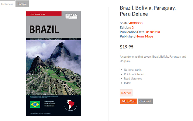 Imagem reproduz site da Hema, que vende guia destacando o Brasil no ttulo e Machu Picchu na foto