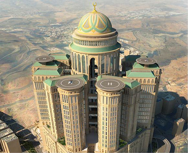 Projeo em 3D de como ser o hotel Abraj Kudai, que ter 70 restaurantes nas suas 12 torres