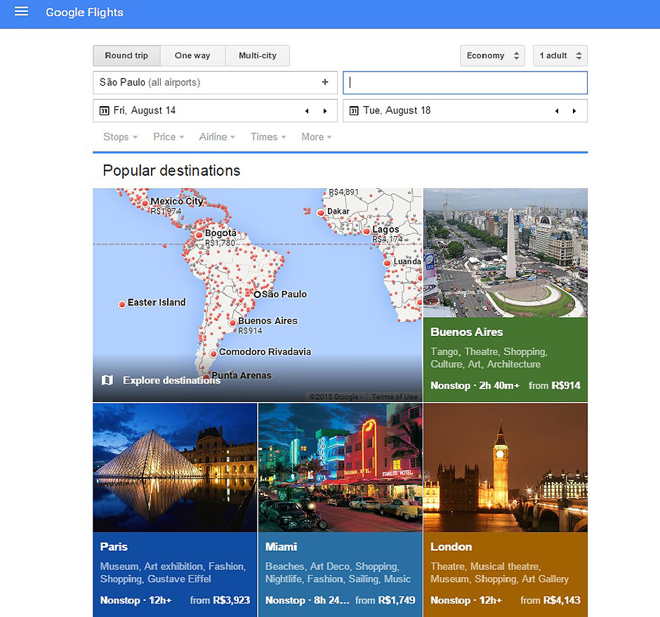 Tela do buscador de viagens Google Flights