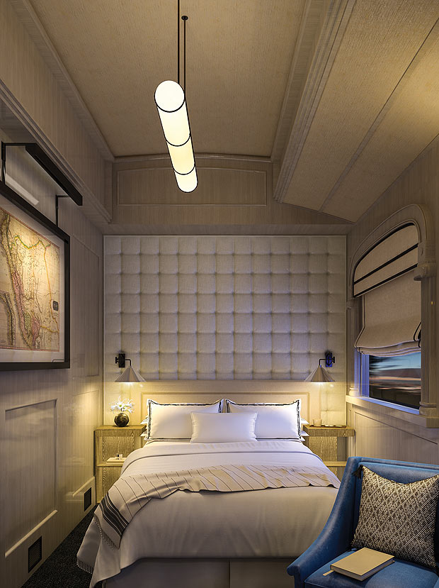 Detalhe de quarto no trem de luxo peruano Belmond