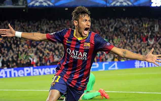 Neymar comemora seu gol contra o Atltico de Madri pela Liga dos Campees