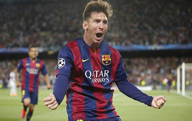 Messi comemora gol do Barcelona sobre o Bayern de Munique, pela Liga dos Campees, no Camp Nou