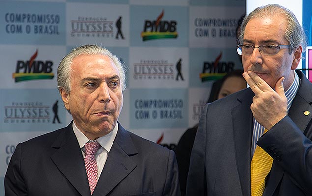 Temer ao lado do correligionrio Eduardo Cunha, presidente da Cmara, em evento do PMDB