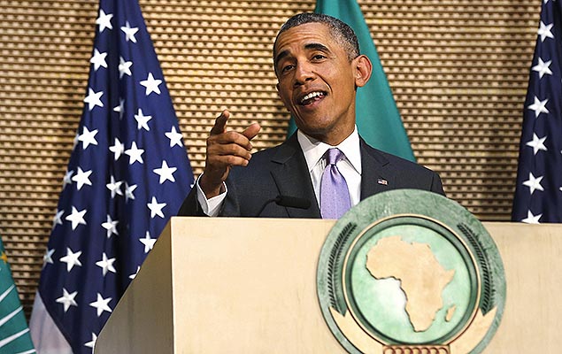 O presidente dos EUA, Barack Obama, em discurso na sede da Unio Africana, em Addis Abeba, na Etipia