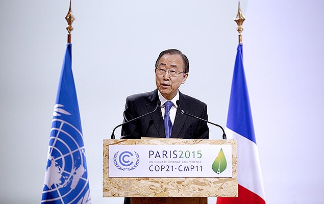 O secretrio-geral da ONU, Ban Ki-moon, em discurso em Paris