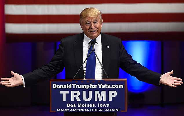 O pr-candidato republicano Donald Trump, em evento de campanha na Universidade Drake, em Des Moines, Iowa 