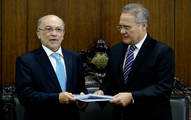  O presidente do Senado, Renan Calheiros (PMDB-AL), recebe o presidente do TCU, Aroldo Cedraz