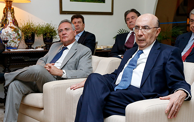 O presidente do Senado, Renan Calheiros, com o ministro Henrique Meirelles, durante jantar 