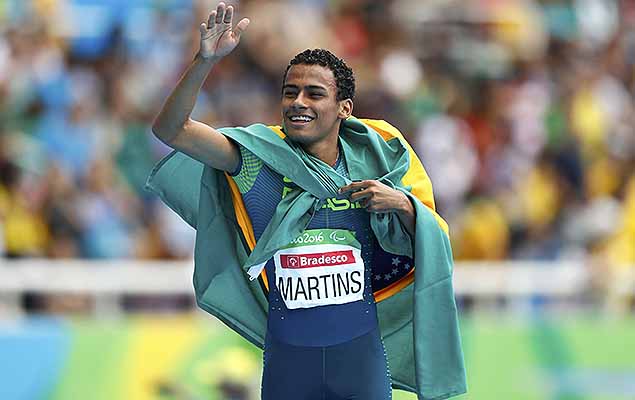 Daniel Martins of Brazil celebrates after winning the gold medal in the event.