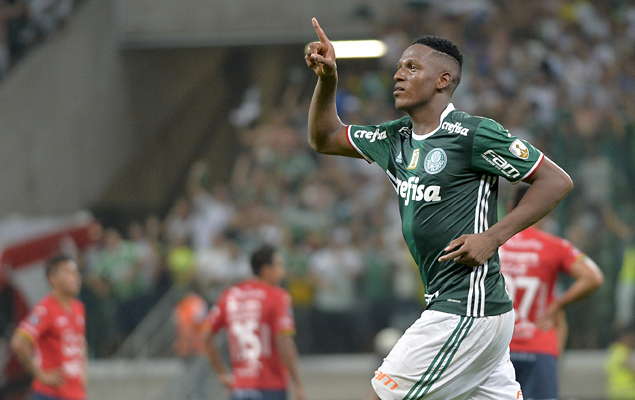 Yerry Mina, do Palmeiras, comemora seu gol - Partida entre Palmeiras e Jorge Wilstermann, vlida pela segunda rodada do Grupo 5 da Taa Libertadores da Amrica