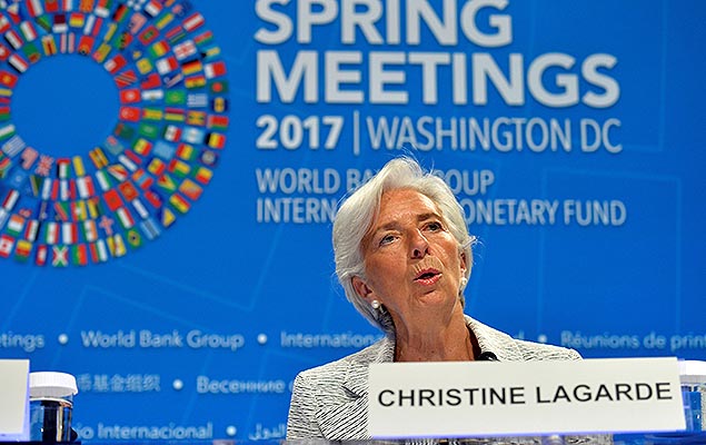 A diretora-gerente do FMI, Christine Lagarde, durante os encontros de Primavera do FMI e do Banco Mundial, em Washington