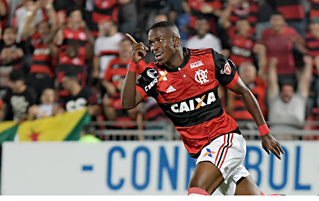  O jogador Vinicius Jnior do Flamengo comemora gol durante a partida entre Flamengo RJ e Palestino