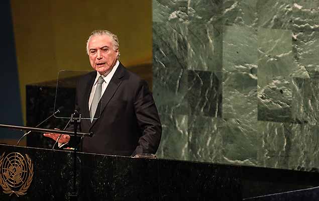O presidente do Brasil, Michel Temer durante abertura da 72.ª Assembleia Geral das Nações Unidas (AGNU) na sede da ONU na cidade de Nova York nos Estados Unidos nesta terça-feira, 19.
