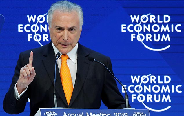 Brazil's President Michel Temer gestures as he speaks during the World Economic Forum (WEF) annual meeting in Davos 