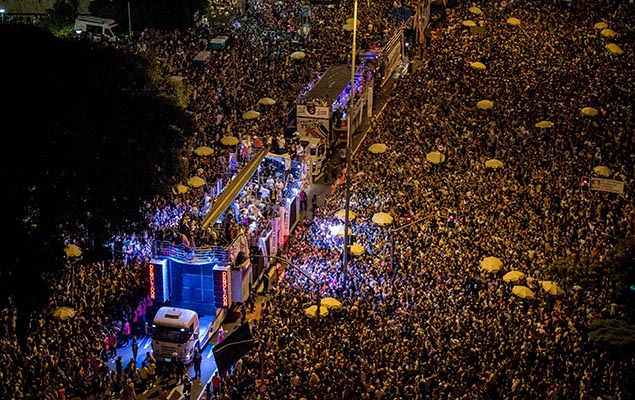 Revellers take part in an annual block party known as "Academicos do Baixa Augusta", in So Paulo