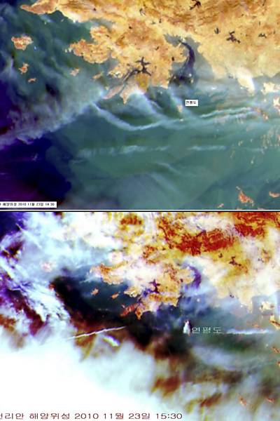 Imagens de satélite mostram a ilha sul-coreana de Yeonpyeong antes (acima) e depois dos ataques da Coreia do Norte Leia mais