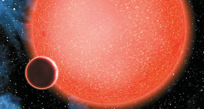 Concepo artstica do planeta GJ 1214b, que orbita uma estrela como o Sol a 40 anos-luz da Terra; astro e atmosfera possuem alta proporo de gua