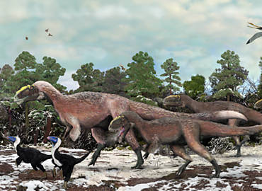 Concepo artstica do Yutyrannus huali e de dois Beipiaosauros