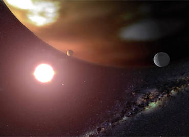 EM SINTONIA: O sistema planetrio Gliese 876, no qual um planeta orbita a estrela duas vezes a cada volta do planeta mais externo