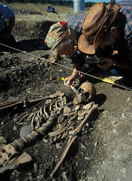 Esqueleto de caador-coletor de 5.000 anos, escavado em stio da Sucia; agricultura comeava a surgir na regio