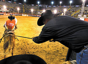 Assistente puxa o sedm na sada do brete para apertar a virilha do cavalo durante montaria em rodeio em Cajamar