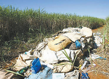 Lixo que foi despejado irregularmente em um canavial localizado no municpio de Nova Europa; polcia apura a responsabilidade pelo descarte