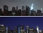 Fotomontagem com Manhattan, em duas fotos tiradas do Brooklyn. Acima, a região apagada, já afetada pelo tempestade, e, abaixo, a região em dias normais, em foto tirada no último dia 6 de janeiro Leia mais
