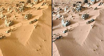 Areias de Marte em iluminao natural do planeta ( esq.) e como seriam vistas na Terra