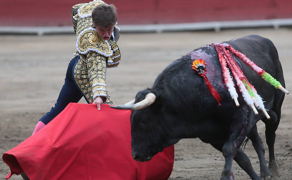 Toureiro espanhol Julián López enfrenta touro na praça Acho em Lima, no Peru