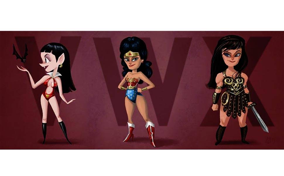 "V" é de Vampirella, o "W" é da "Wonder Woman" ("Mulher-Maravilha") e "X" é representado pela Xena