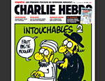 Capa de setembro de 2013 sob o título 'Intocáveis' mostra rabino empurrando um muçulmano numa cadeira de rodas, que o alerta 'não se deve zombar'