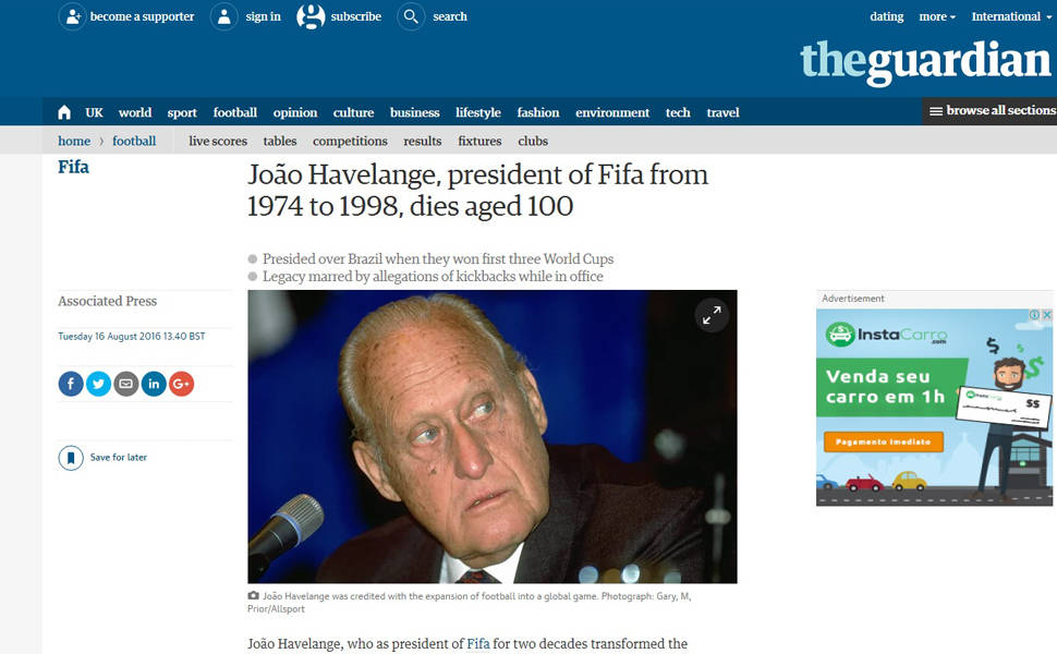 Imprensa internacional repercute morte de Havelange