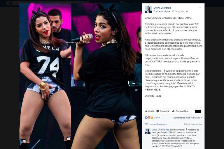 Postagem no Facebook do vereador Otoni de Paula Jr que critica a cantora Anitta 