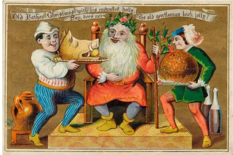 Ilustração de um homem velho recebendo uma cabeça de javali em prato