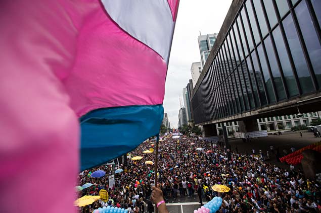 Ativistas tremulam bandeira do movimento T durante a Parada LGBT em So Paulo, em maio passado