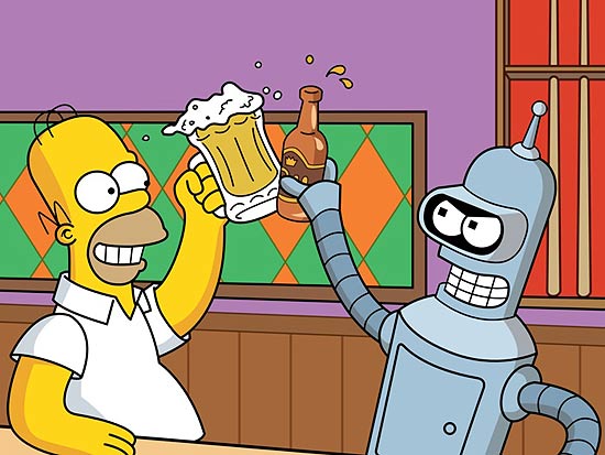 Homer (esq.) e Bender brindam no desenho "Os Simpsons"; cerveja Duff está em bares de São Paulo