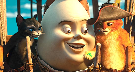 No novo filme em 3D, Kitty Pata-Leve, Humpty e o Gato de Botas (foto) partem em busca de um pé de feijão