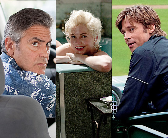 George Clooney em "Os Descendentes"; Michelle Williams em "Sete Dias com Marilyn; Brad Pitt em "O Homem que Mudou o Jogo"