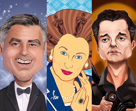George Clooney, Meryl Streep e Wagner Moura (esq. p/ dir.) têm caricaturas na exposição "OSCARtoons"