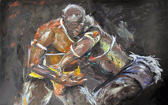 "Lutadores de Angola" (foto) é uma das obras do artista italiano Cesare Pergola em cartaz no museu