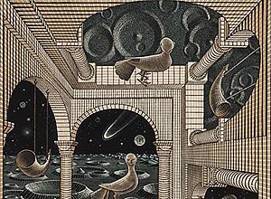 Xilogravura "Outro Mundo" (1947), que integra a mostra "O Mundo Mgico de Escher" no CCBB-SP