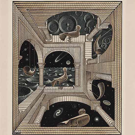 Xilogravura "Outro Mundo" (foto), de 1947, faz parte da mostra de M.C. Escher, no CCBB