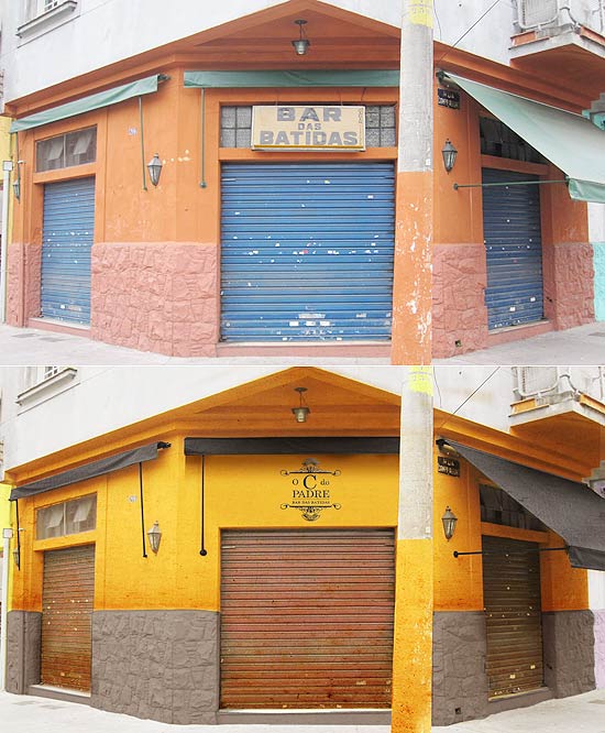 fotos na mostra "Velho Largo nova Batata" mostram fachada de bar antes e depois de intervenção da agência
